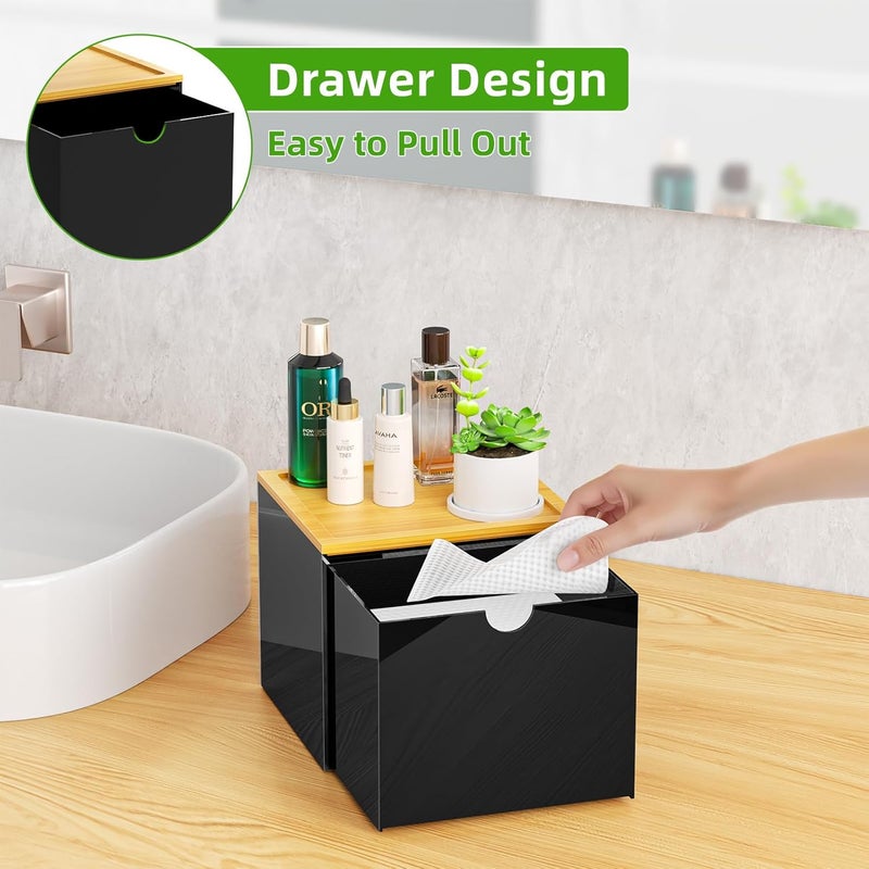 VITVITI Drawer Disposable Face Towel Holder Box, Acrylic Facial Towel Container for XL Clean Skin Club, Large Disposable Face Towels Storage with Bamboo Lid, for Bathroom, Vanity Makeup, Black - Image 2